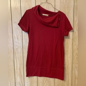 Red asymmetrical cowl neck shirt